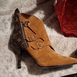 Tan Suede High-Heel Ankle Boot with Buckle and Logo Accent